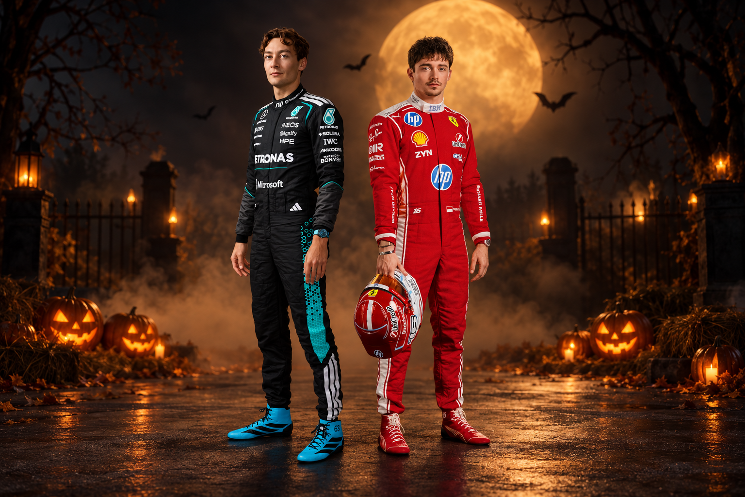 Black and teal and red F1-inspired costume suits in a Halloween scene with glowing pumpkins