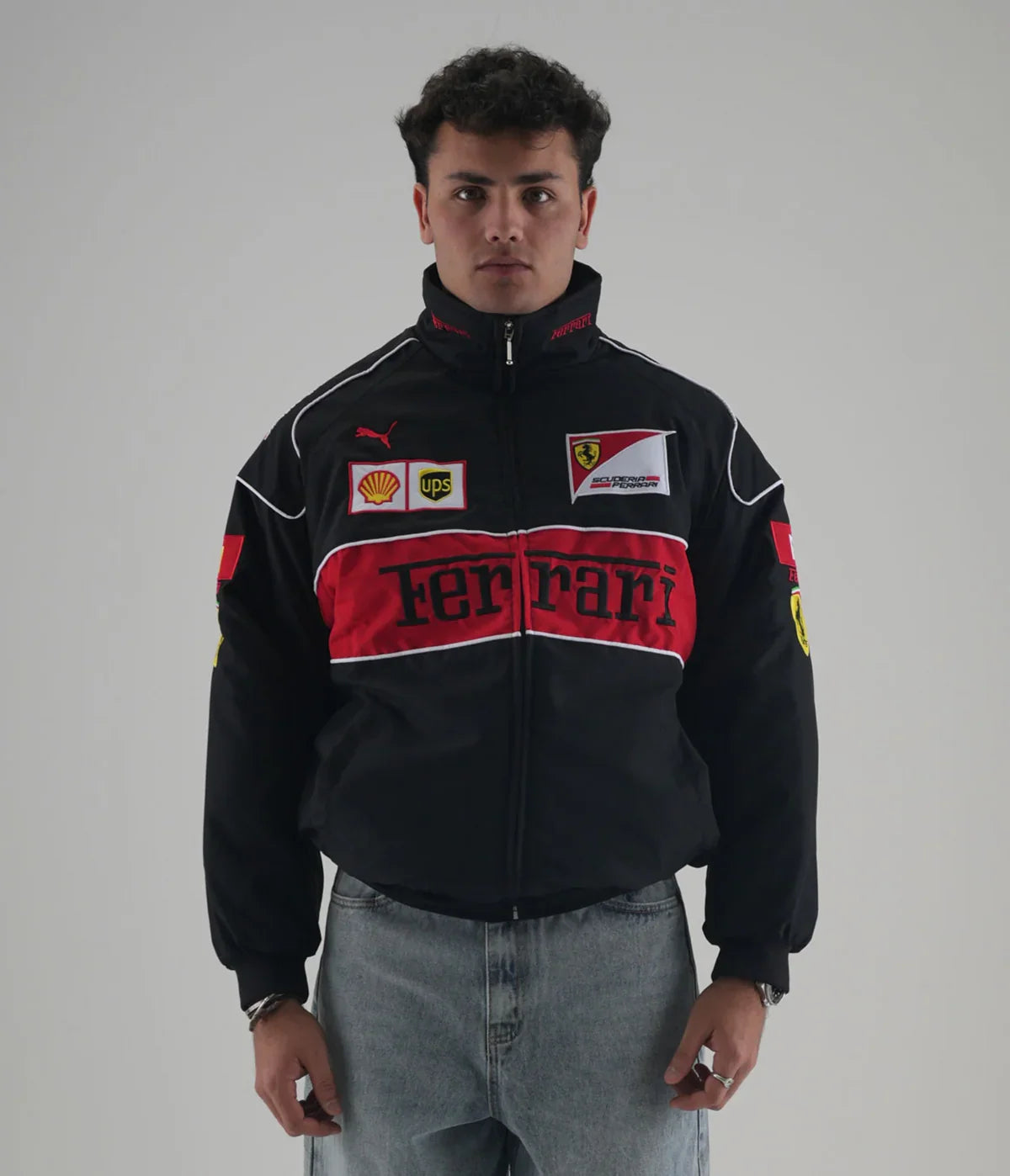 Black Ferrari Embroidered Jacket – Racing Streetwear - Averon Racewear - View 1