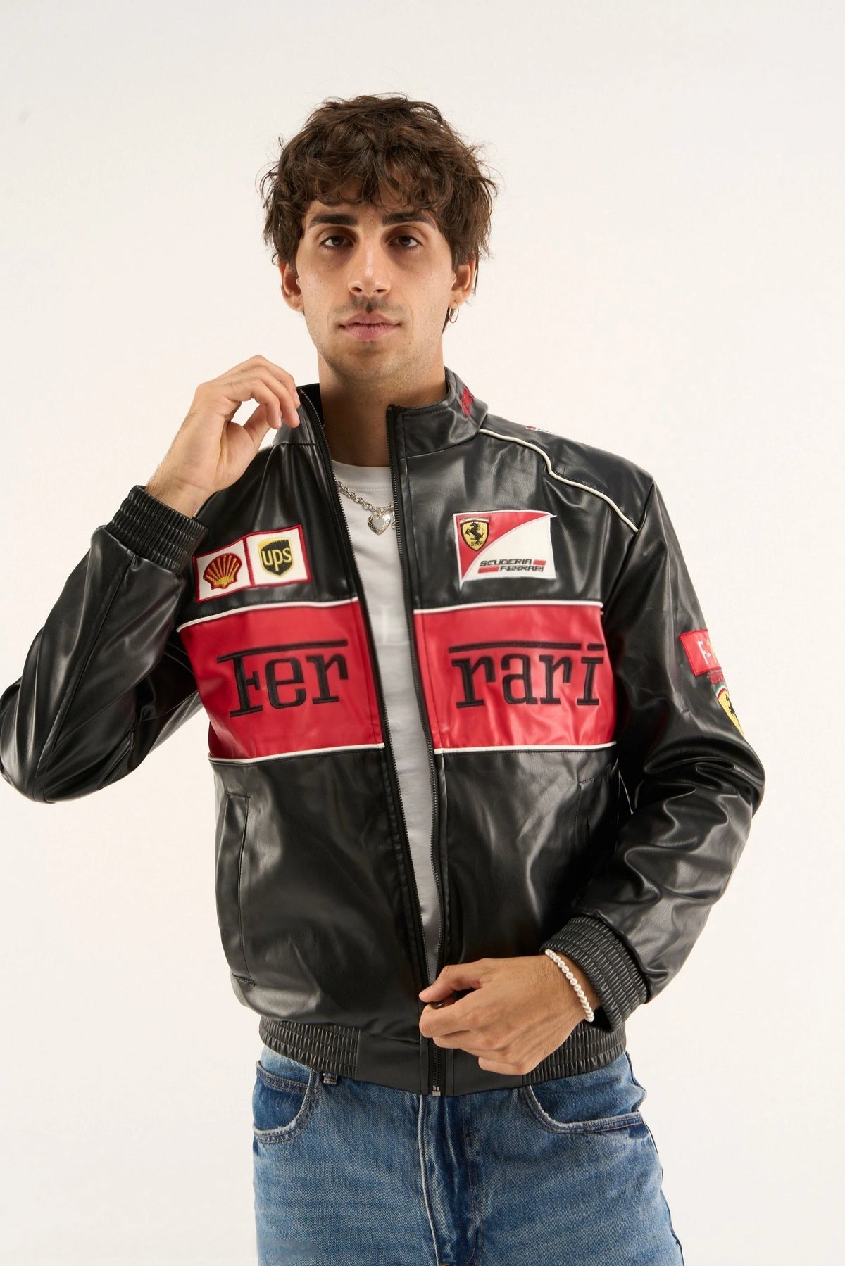 Black Ferrari F1 Leather Jacket – Y2K Cropped Racing Bomber - Averon Racewear - View 1