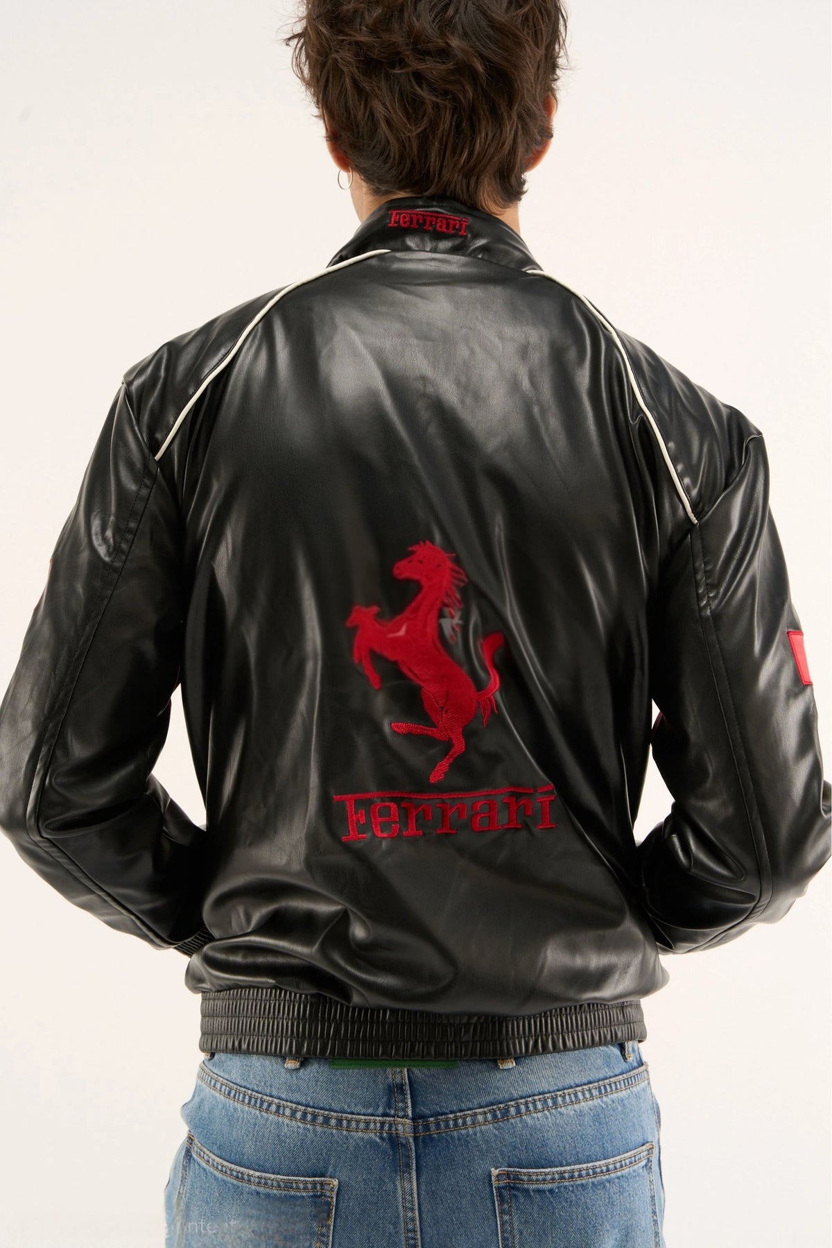 Black Ferrari F1 Leather Jacket – Y2K Cropped Racing Bomber - Averon Racewear - View 2