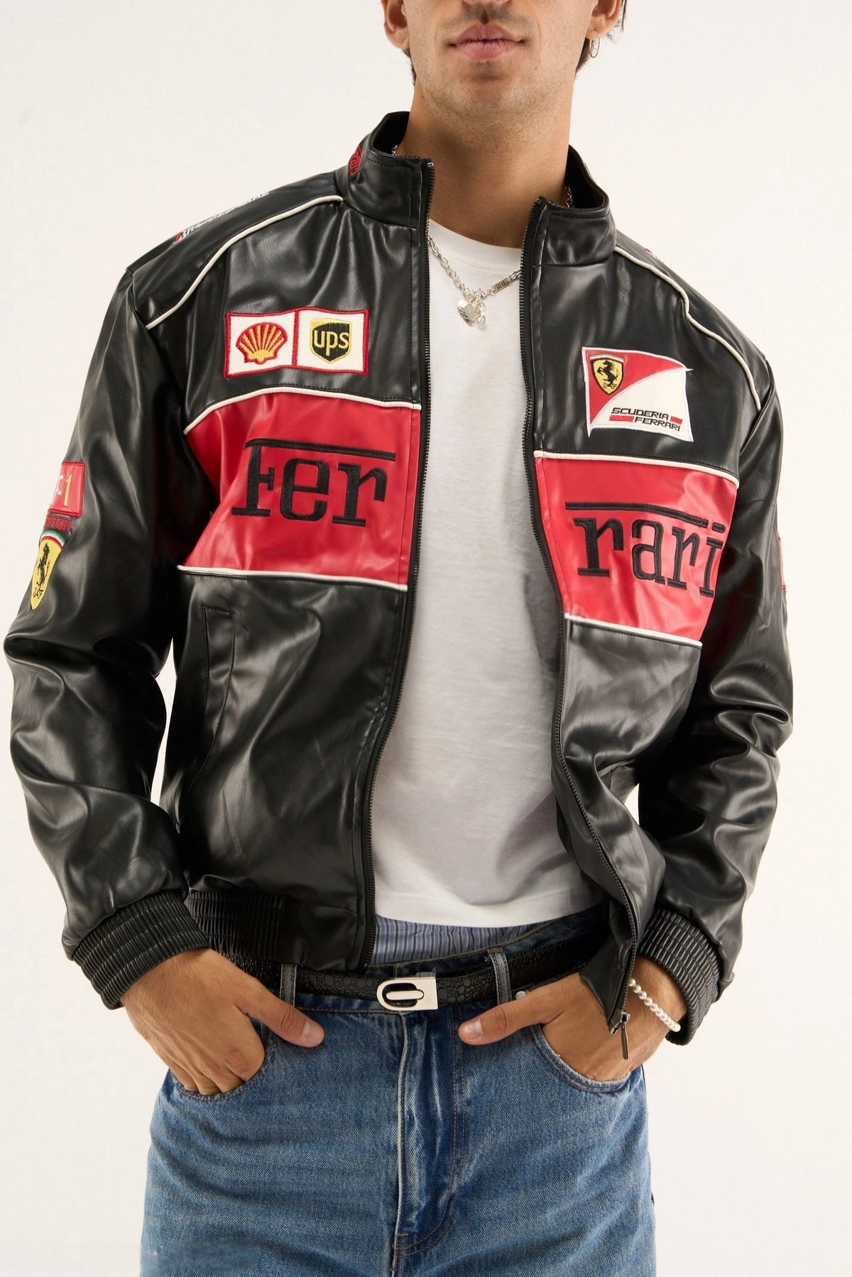 Black Ferrari F1 Leather Jacket – Y2K Cropped Racing Bomber - Averon Racewear - View 4
