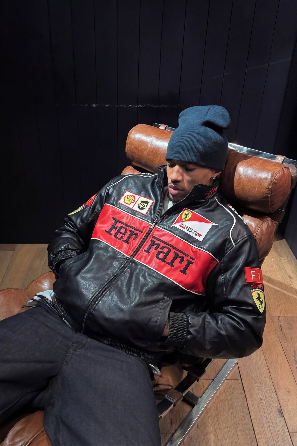 Black Ferrari F1 Leather Jacket – Y2K Cropped Racing Bomber - Averon Racewear - View 6
