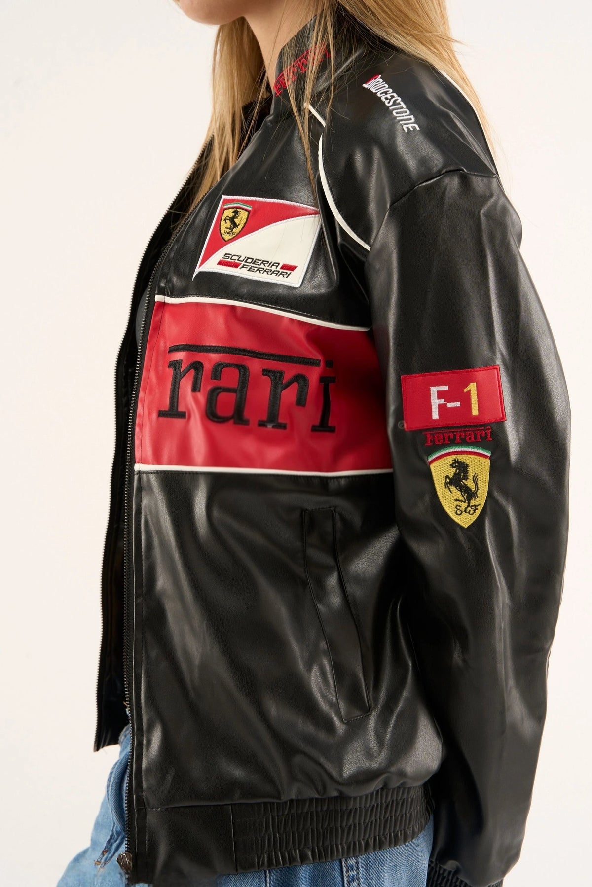 Black Ferrari F1 Leather Jacket – Y2K Cropped Racing Bomber - Averon Racewear - View 7