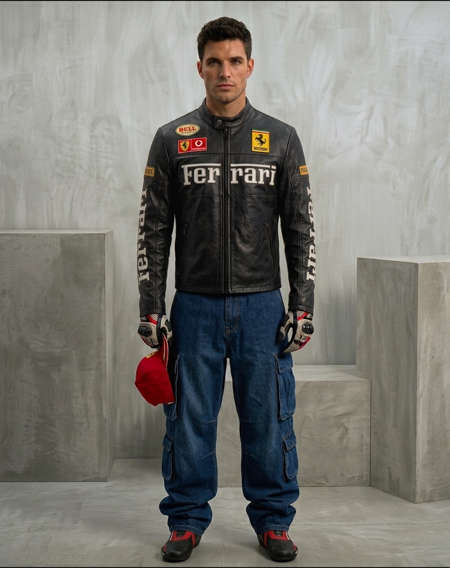 Black Ferrari Synthetic Leather Jacket – Classic Racing Streetwear - Averon Racewear - View 3
