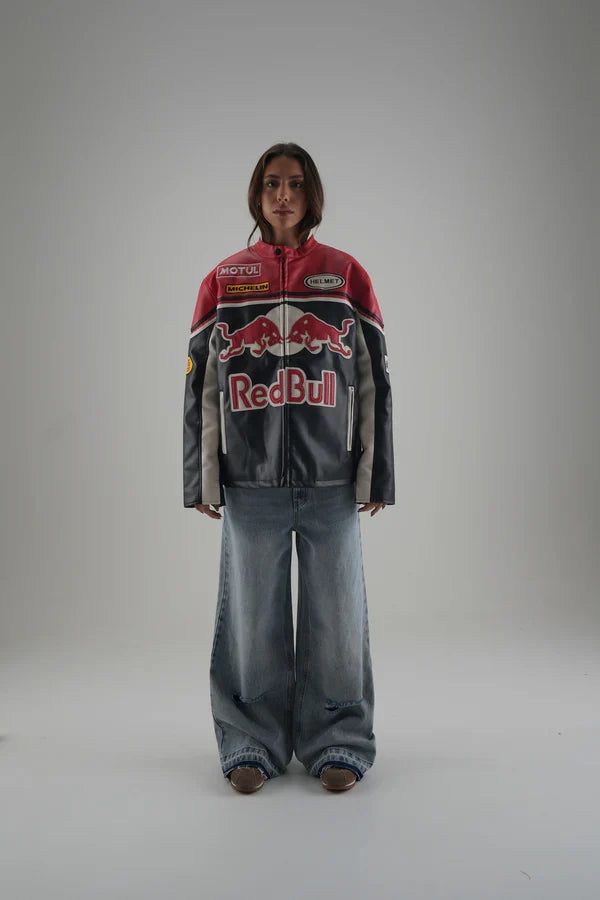 Red Bull Vintage F1 Racing Jacket – Red/Black Leather Edition - Averon Racewear - View 1
