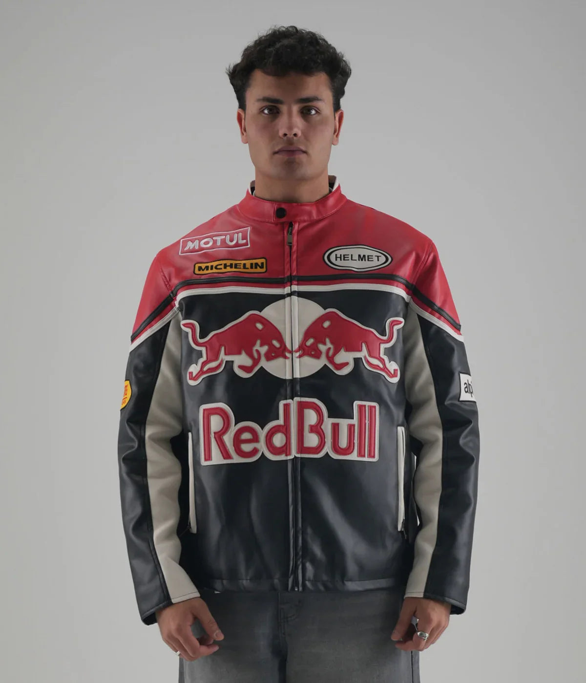 Red Bull Racing F1 Premium Leather Jacket – Vintage Biker Edition - Averon Racewear - View 1
