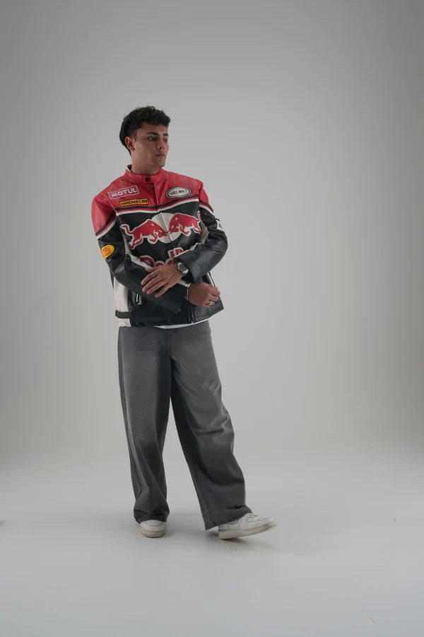Red Bull Racing F1 Premium Leather Jacket – Vintage Biker Edition - Averon Racewear - View 2