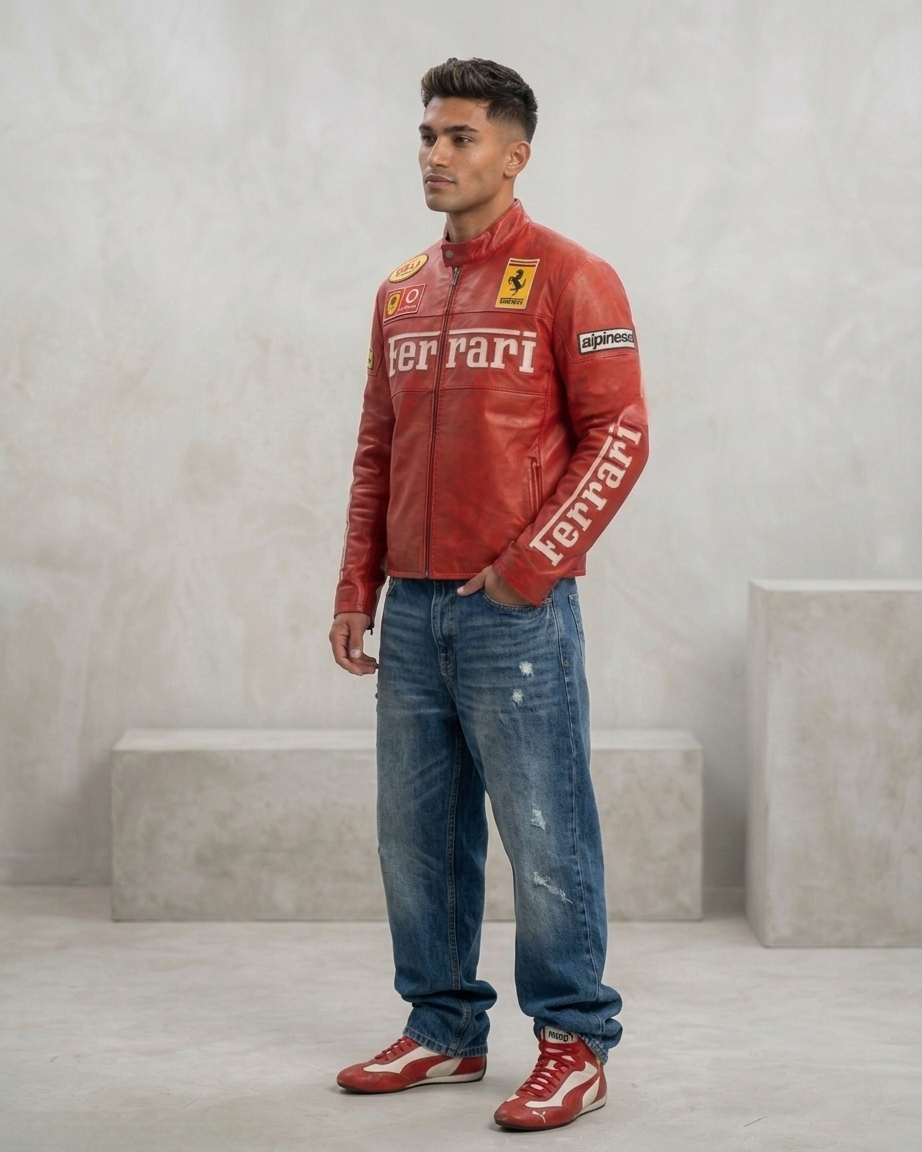 Red Ferrari F1 Leather Jacket – Vintage Unisex Racing Outerwear - Averon Racewear - View 1