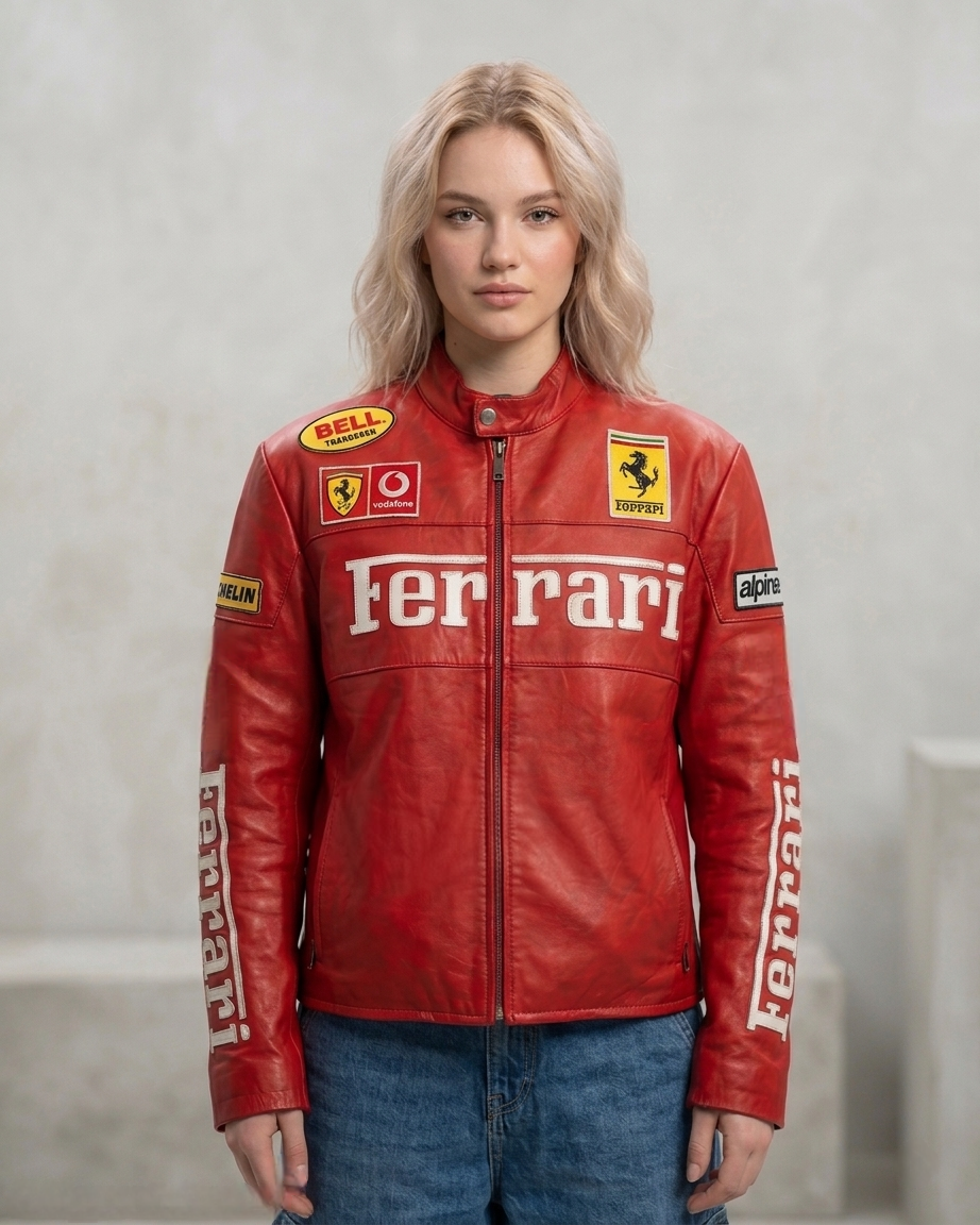 Red Ferrari F1 Leather Jacket – Vintage Unisex Racing Outerwear - Averon Racewear - View 2