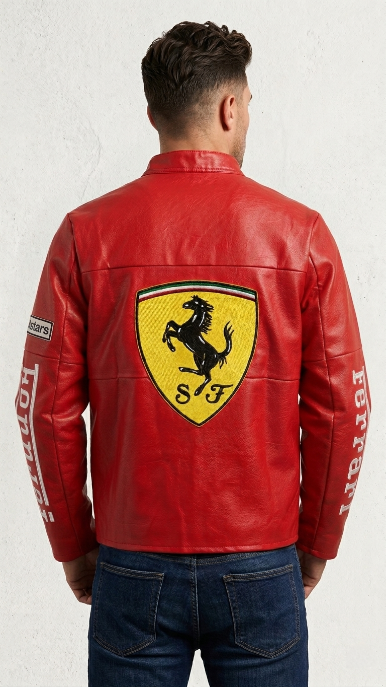 Red Ferrari F1 Leather Jacket – Vintage Unisex Racing Outerwear - Averon Racewear - View 3