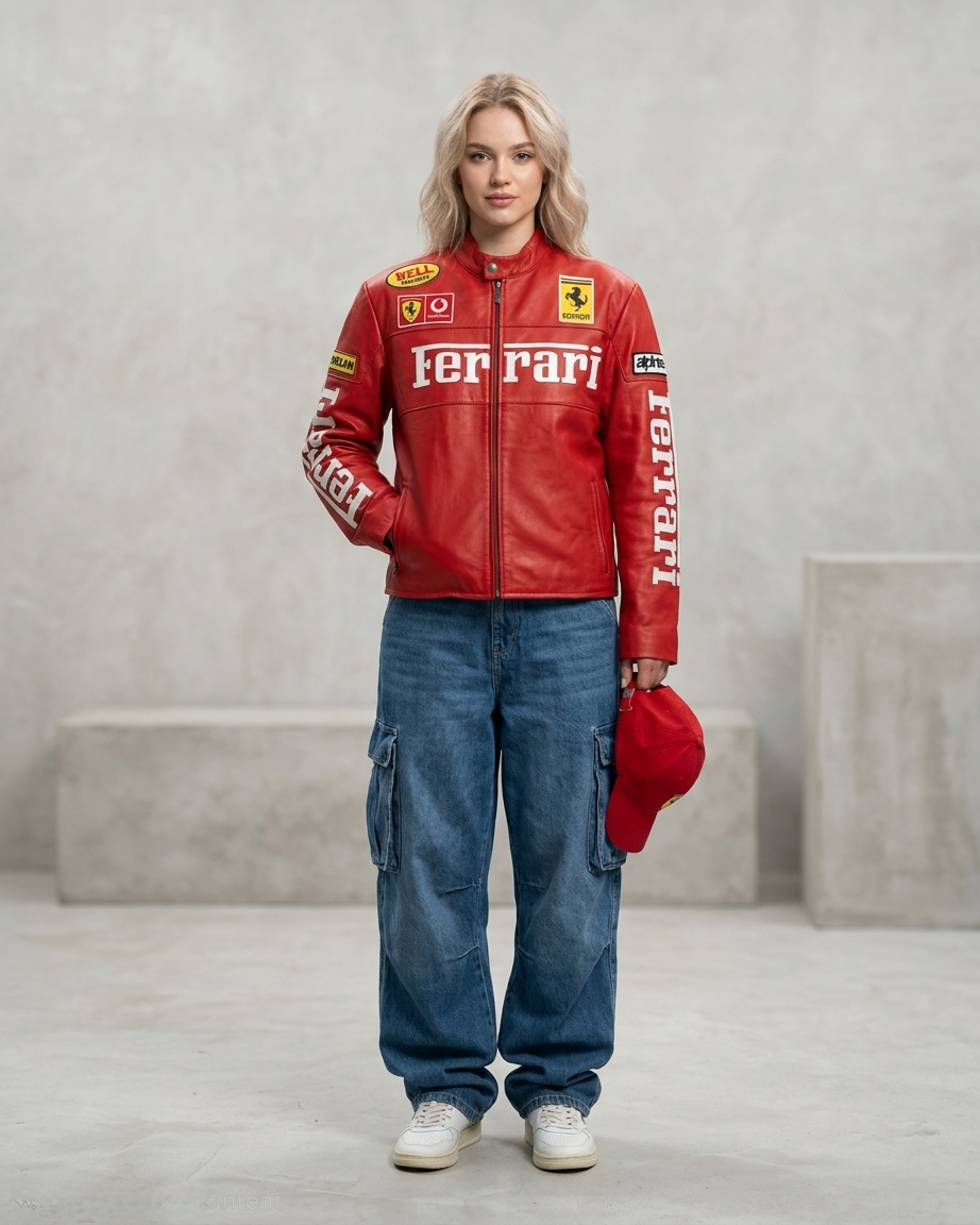 Red Ferrari F1 Leather Jacket – Vintage Unisex Racing Outerwear - Averon Racewear - View 5