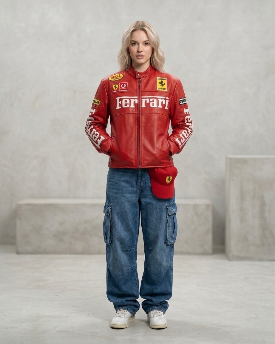 Red Ferrari F1 Leather Jacket – Vintage Unisex Racing Outerwear - Averon Racewear - View 6